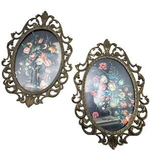 Vintage Brass Oval Floral Picture Frames With Convex Bubble Glass Made In Italy